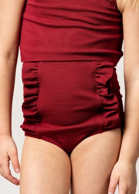 Waffled Maroon | Mini Down in Front Ruffle Bottoms