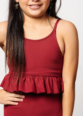 Waffled Maroon | Youth Peplum Top