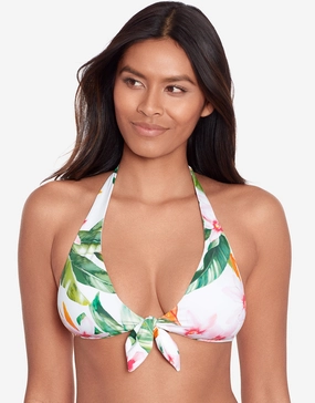 Watercolour Tropical Tie Front Halter Bikini Top - White Multi