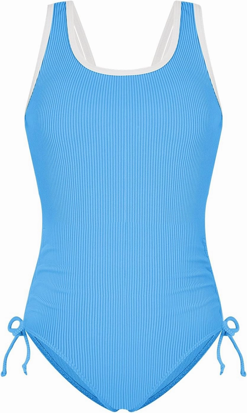 Weixinbuy Girls Swimsuit Ribbed Bathing Suit for Girls Adjustable Strap Color Block Summer Beach One Piece Swimsuit
