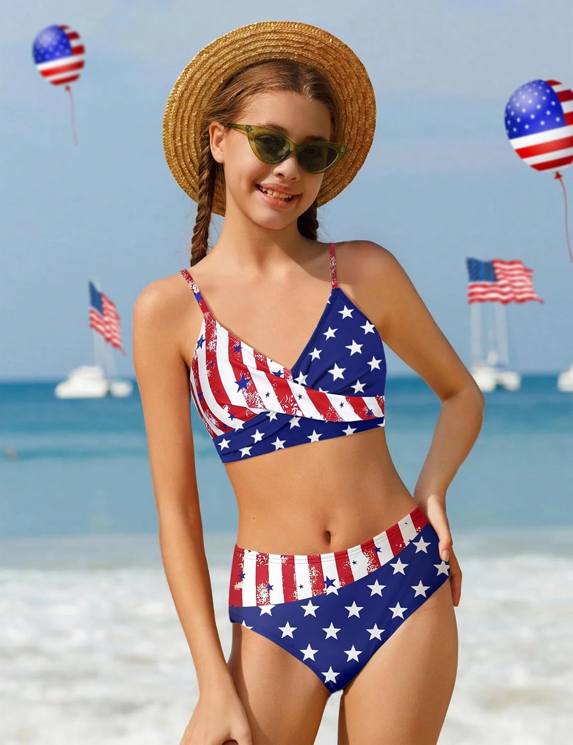 WIQI Girls Swimsuit Bikini Set 2 Piece Bathing Suits Color Block Criss Cross Swimwear Size 9-16