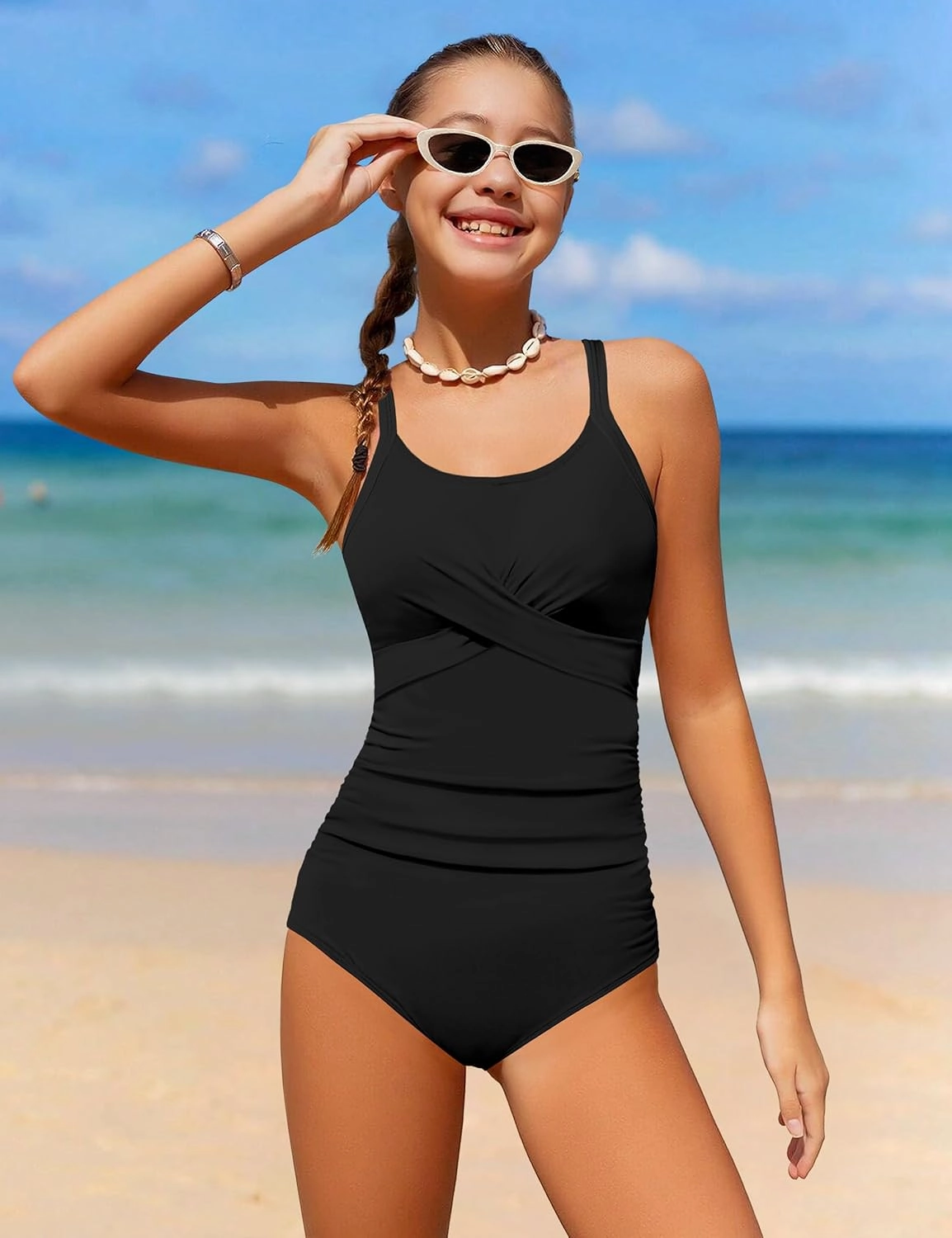 WIQI Girls Swimsuit Criss Cross Ruched One Piece Bathing Suit for Girls Adjustable Tie Back Swimwear 9-16Y