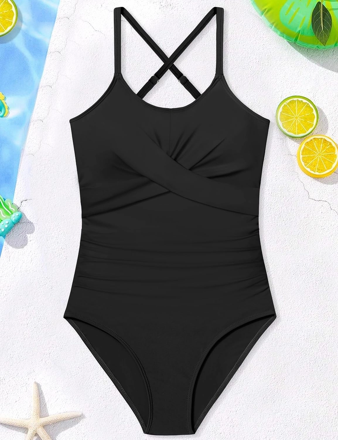 WIQI Girls Swimsuit Criss Cross Ruched One Piece Bathing Suit for Girls Adjustable Tie Back Swimwear 9-16Y