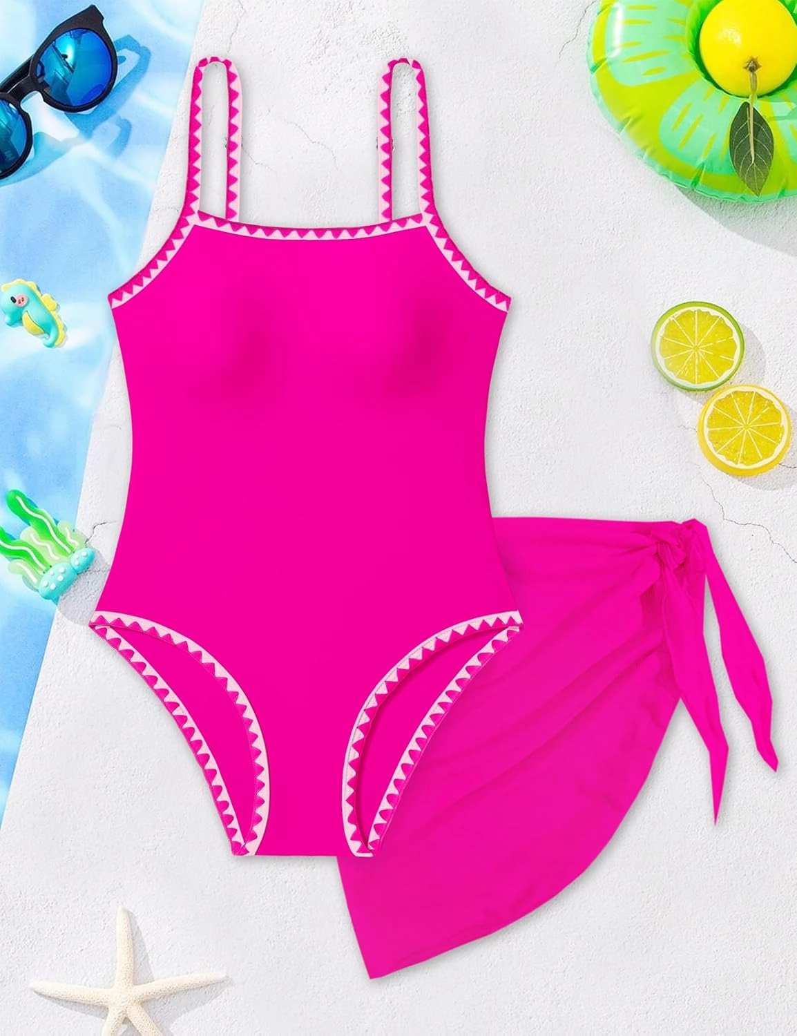 WIQI Girls Swimsuit One Piece Bathing Suit Color Contrast Trim Girls' Swimwear with Cover Up Skirt Size 9-16