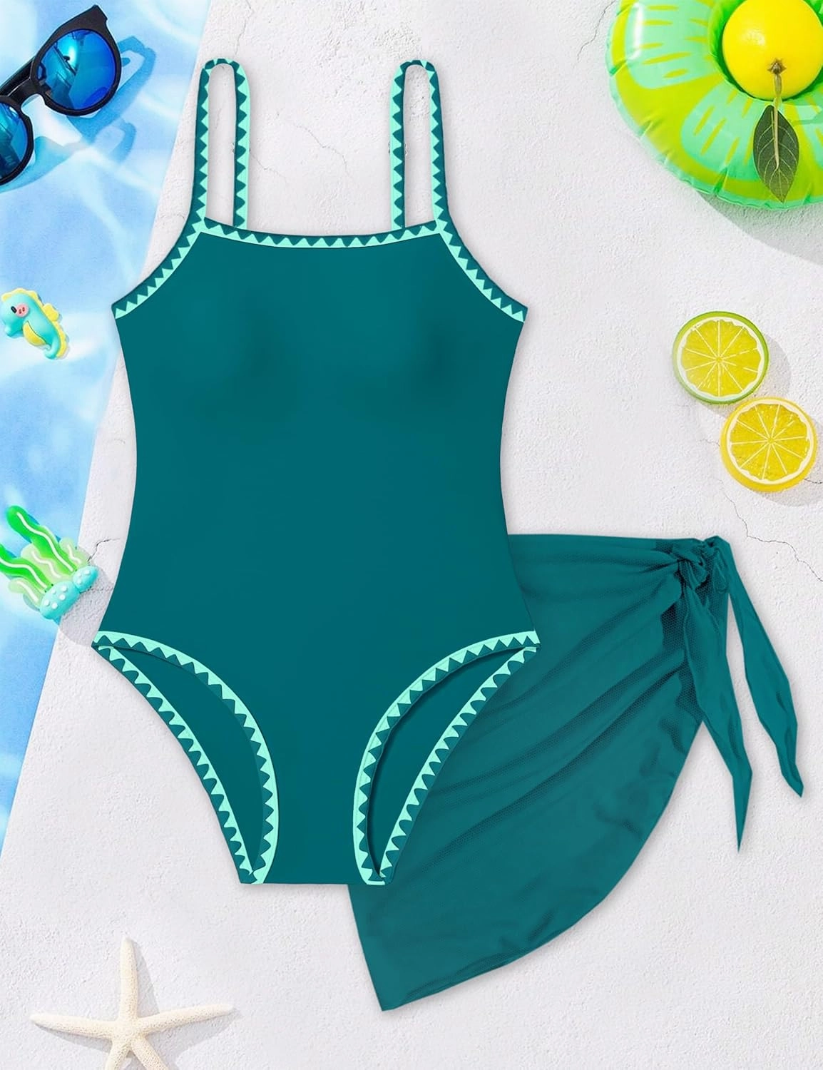 WIQI Girls Swimsuit One Piece Bathing Suit Color Contrast Trim Girls' Swimwear with Cover Up Skirt Size 9-16