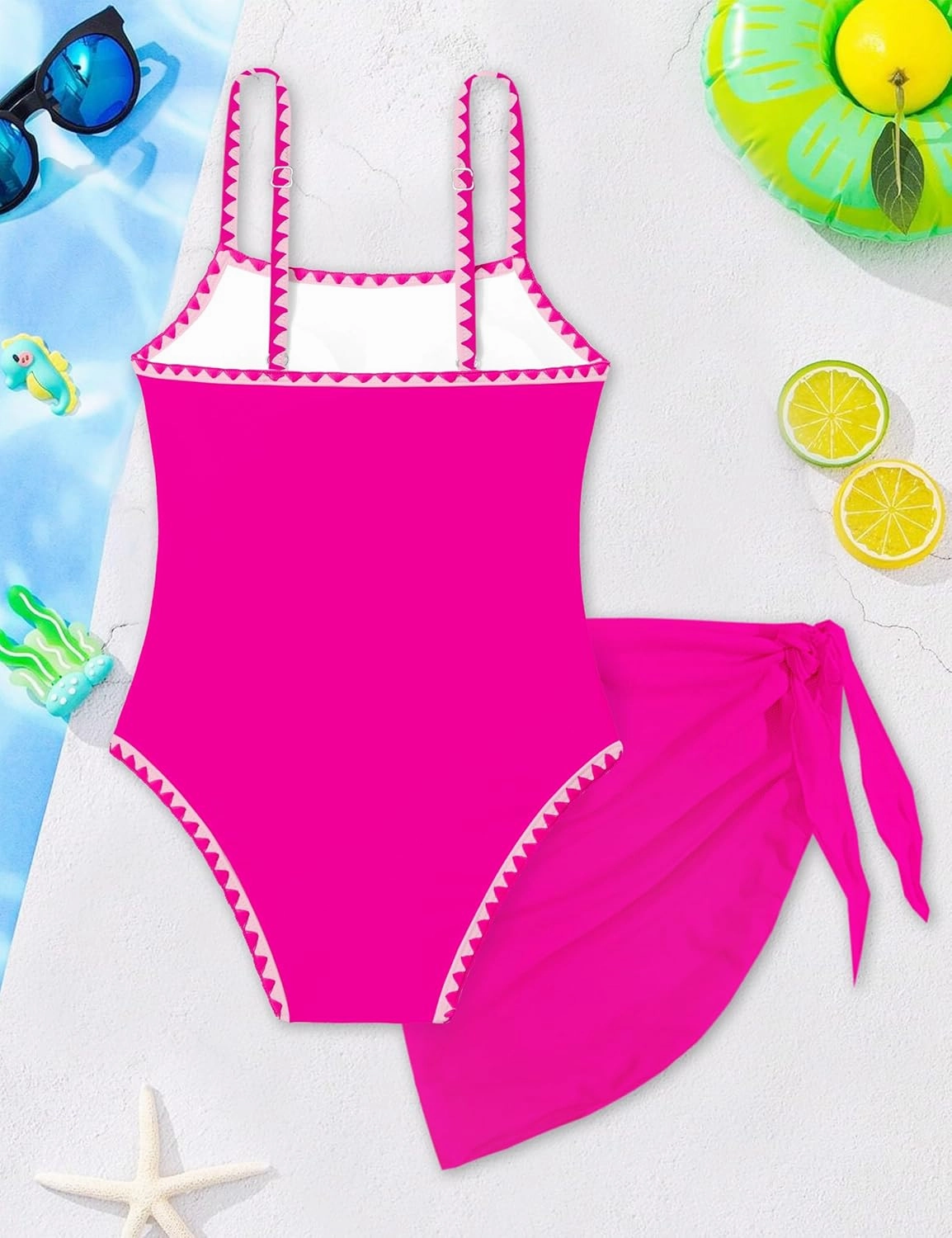 WIQI Girls Swimsuit One Piece Bathing Suit Color Contrast Trim Girls' Swimwear with Cover Up Skirt Size 9-16