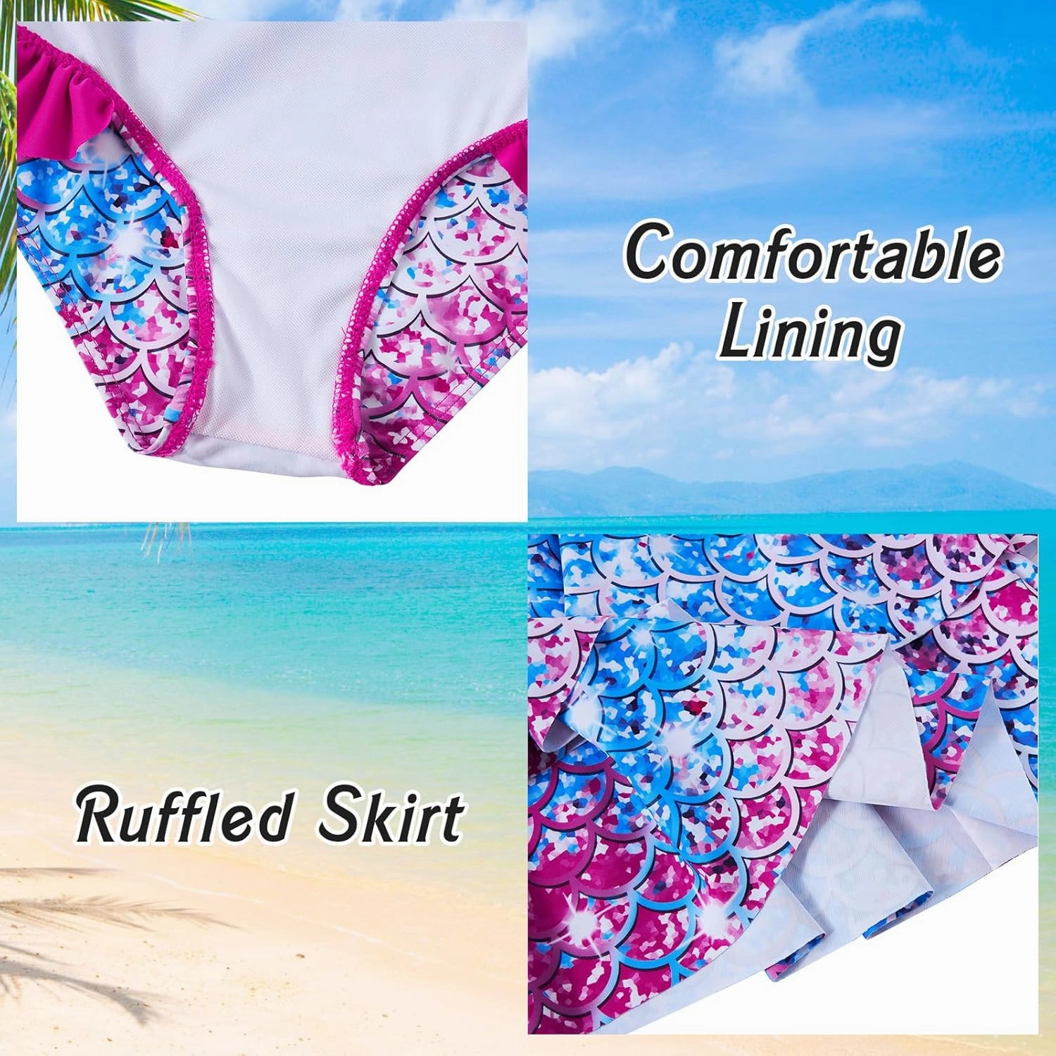 Yousie Girls Swimsuit, Tropical Bathing Suit 3 Pieces Ruffle Bikini Set with Cover Ups Skirt 7-12 Years