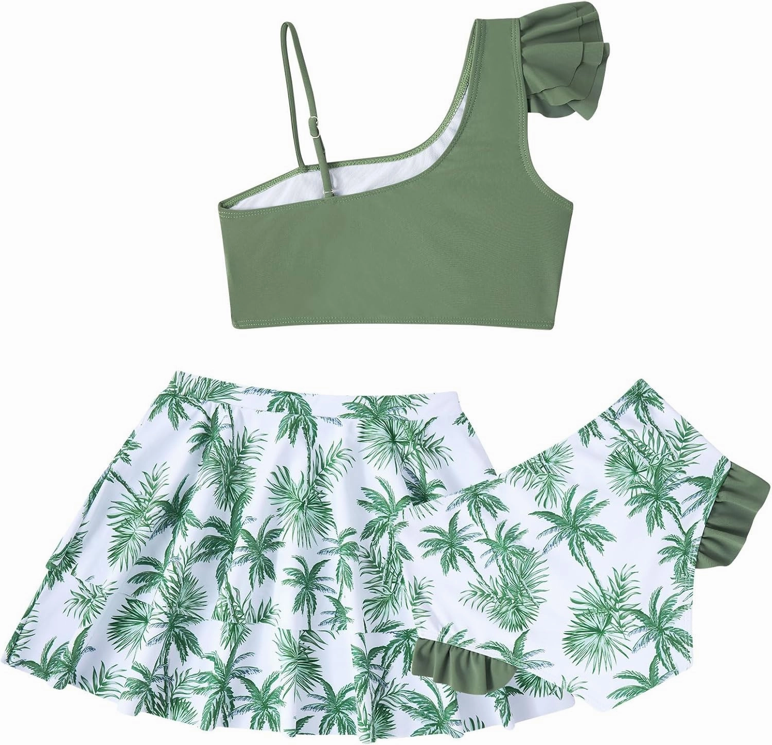 Yousie Girls Swimsuit, Tropical Bathing Suit 3 Pieces Ruffle Bikini Set with Cover Ups Skirt 7-12 Years