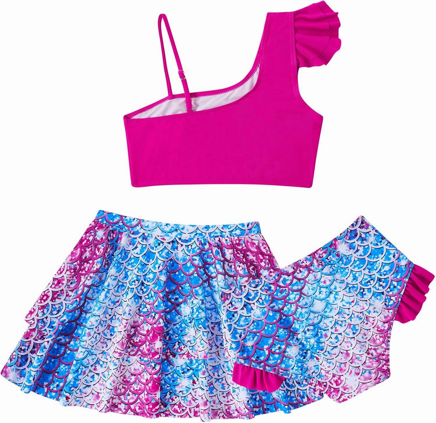 Yousie Girls Swimsuit, Tropical Bathing Suit 3 Pieces Ruffle Bikini Set with Cover Ups Skirt 7-12 Years