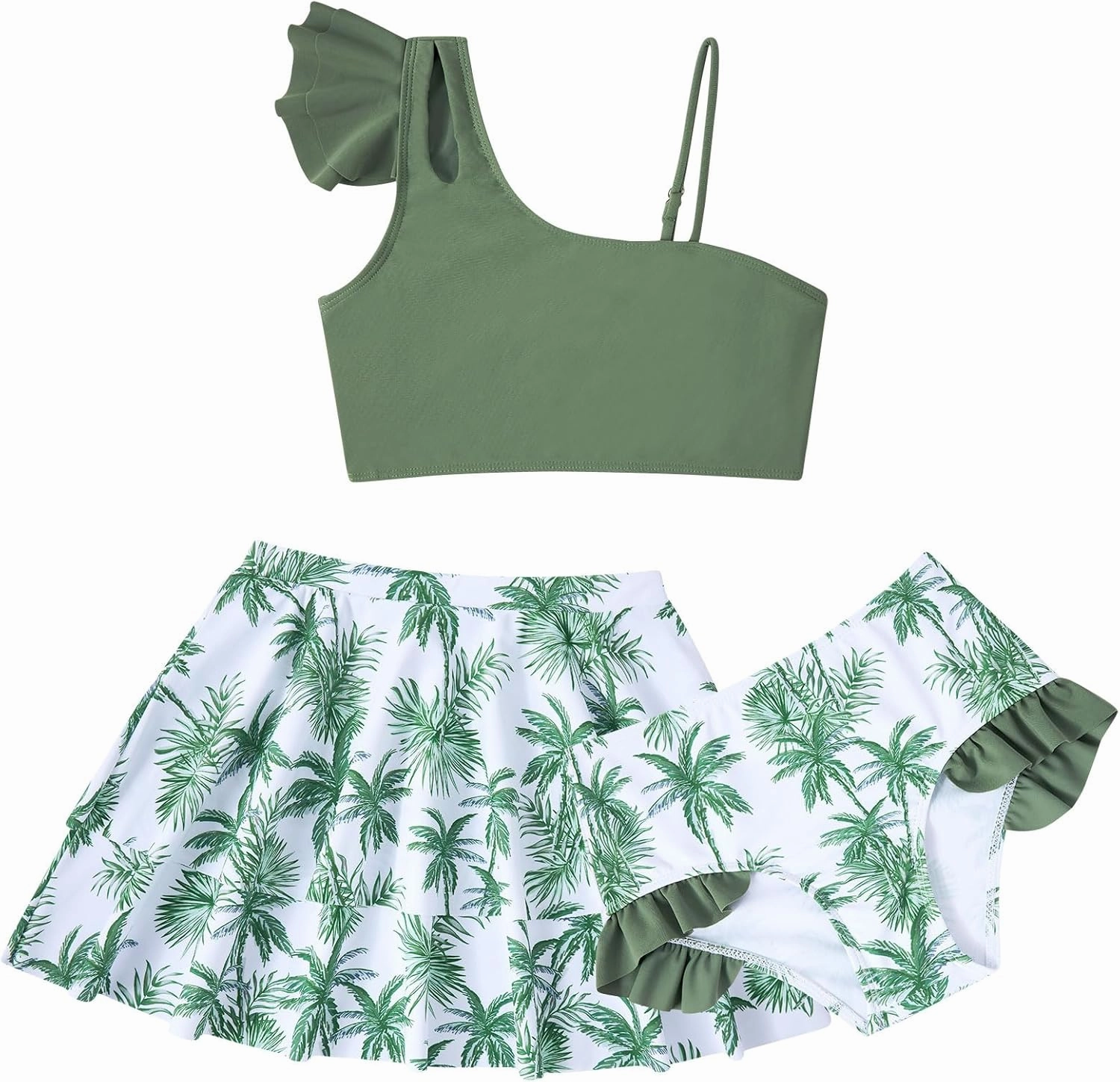 Yousie Girls Swimsuit, Tropical Bathing Suit 3 Pieces Ruffle Bikini Set with Cover Ups Skirt 7-12 Years
