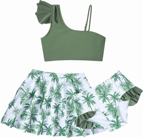 Yousie Girls Swimsuit, Tropical Bathing Suit 3 Pieces Ruffle Bikini Set with Cover Ups Skirt 7-12 Years