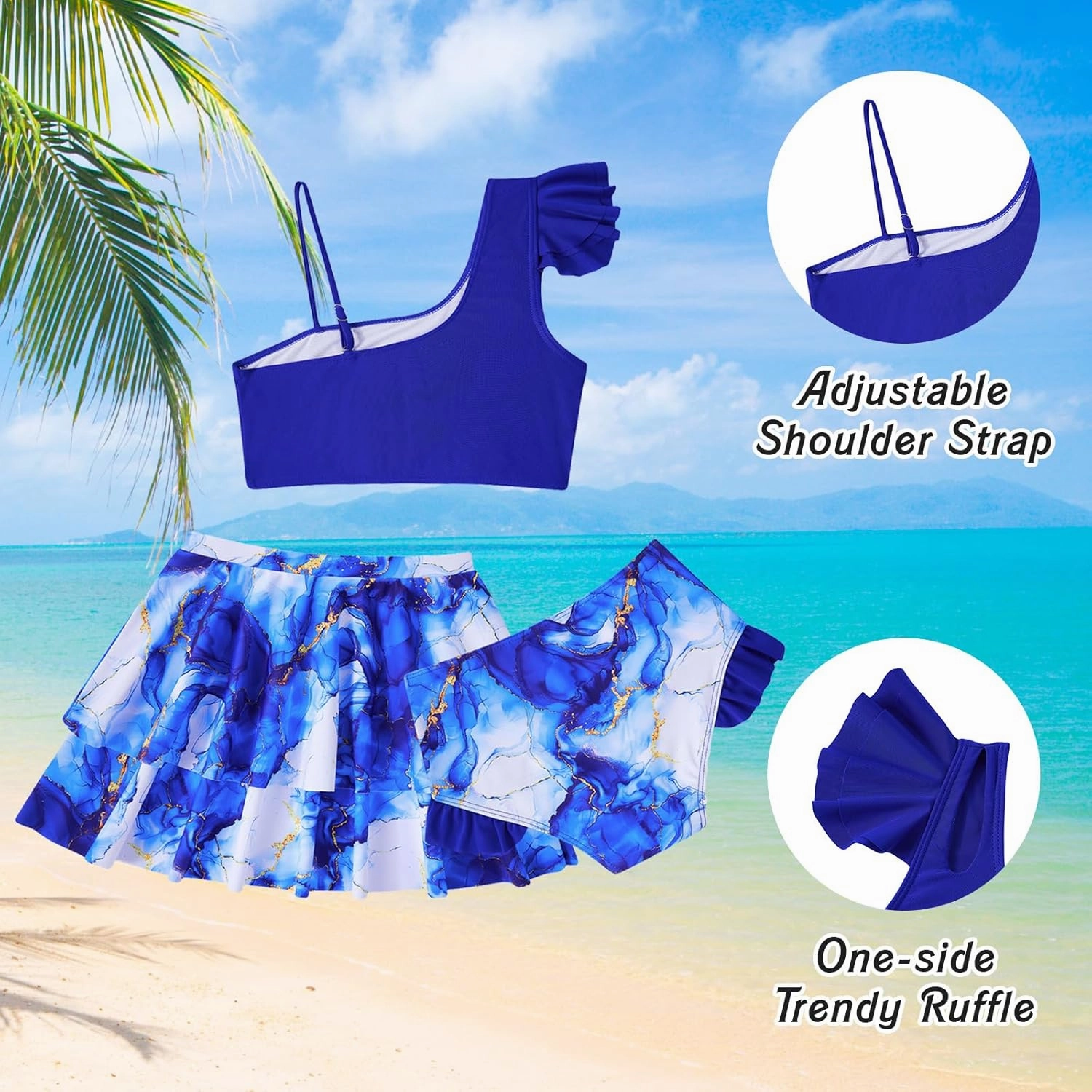 Yousie Girls Swimsuit, Tropical Bathing Suit 3 Pieces Ruffle Bikini Set with Cover Ups Skirt 7-12 Years