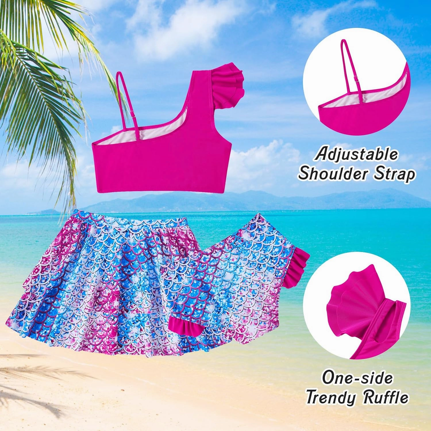 Yousie Girls Swimsuit, Tropical Bathing Suit 3 Pieces Ruffle Bikini Set with Cover Ups Skirt 7-12 Years