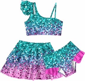 Yousie Girls Swimsuit, Tropical Bathing Suit 3 Pieces Ruffle Bikini Set with Cover Ups Skirt 7-12 Years