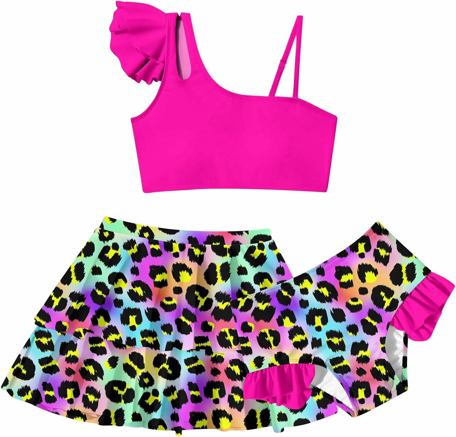 Yousie Girls Swimsuit, Tropical Bathing Suit 3 Pieces Ruffle Bikini Set with Cover Ups Skirt 7-12 Years