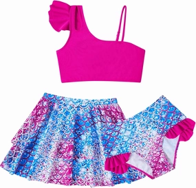 Yousie Girls Swimsuit, Tropical Bathing Suit 3 Pieces Ruffle Bikini Set with Cover Ups Skirt 7-12 Years