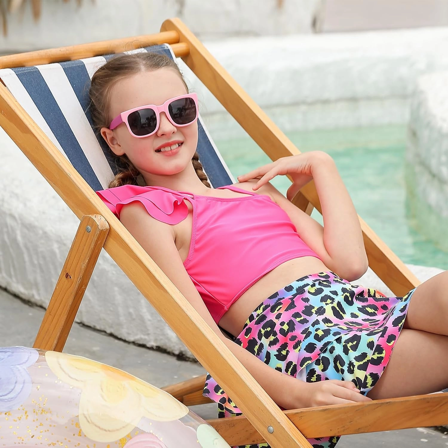 Yousie Girls Swimsuit, Tropical Bathing Suit 3 Pieces Ruffle Bikini Set with Cover Ups Skirt 7-12 Years