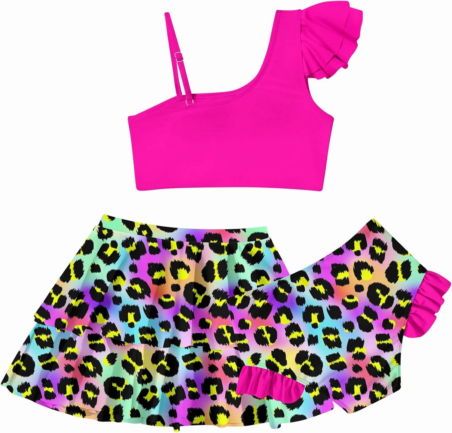 Yousie Girls Swimsuit, Tropical Bathing Suit 3 Pieces Ruffle Bikini Set with Cover Ups Skirt 7-12 Years