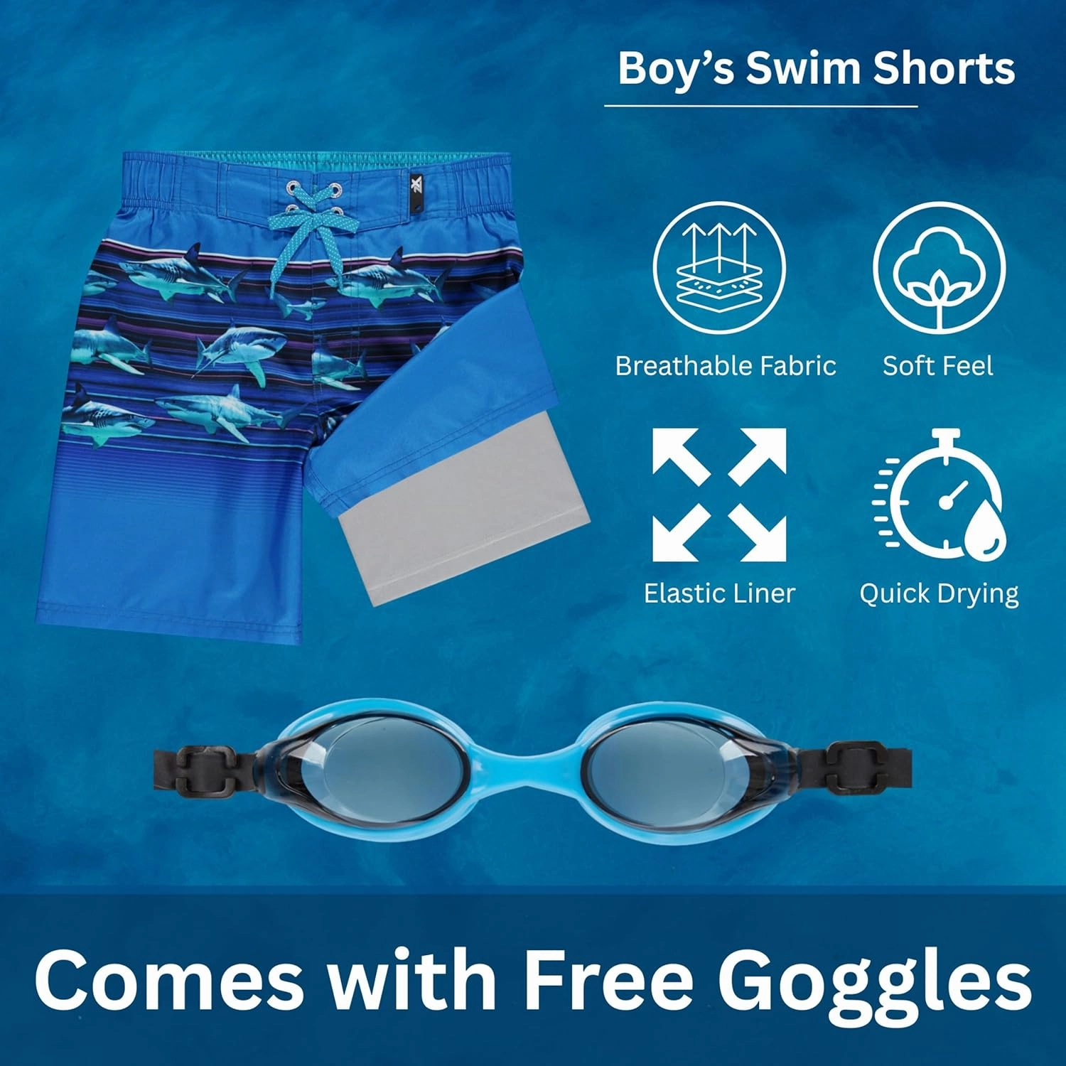 ZeroXposur Boys Swim Trunks with Compression Liner and Goggles, Quick Dry Swim Shorts