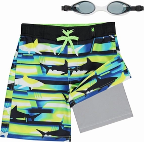 ZeroXposur Boys Swim Trunks with Compression Liner and Goggles, Quick Dry Swim Shorts