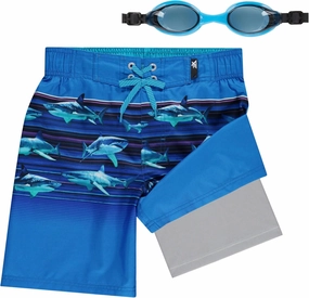 ZeroXposur Boys Swim Trunks with Compression Liner and Goggles, Quick Dry Swim Shorts