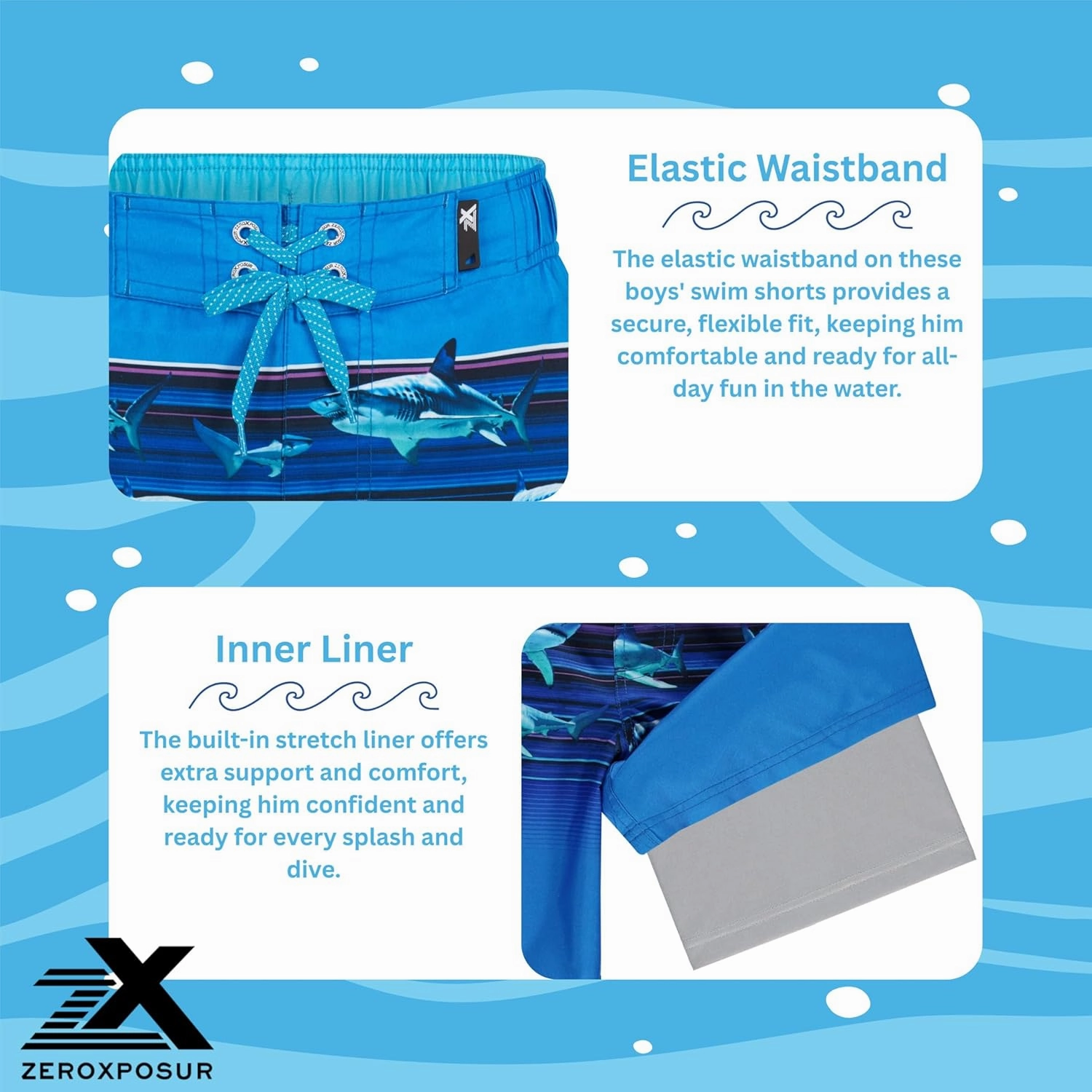ZeroXposur Boys Swim Trunks with Compression Liner and Goggles, Quick Dry Swim Shorts
