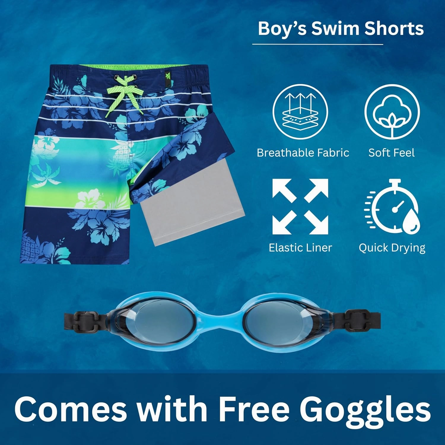 ZeroXposur Boys Swim Trunks with Compression Liner and Goggles, Quick Dry Swim Shorts