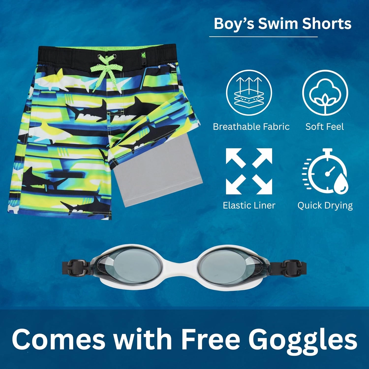 ZeroXposur Boys Swim Trunks with Compression Liner and Goggles, Quick Dry Swim Shorts
