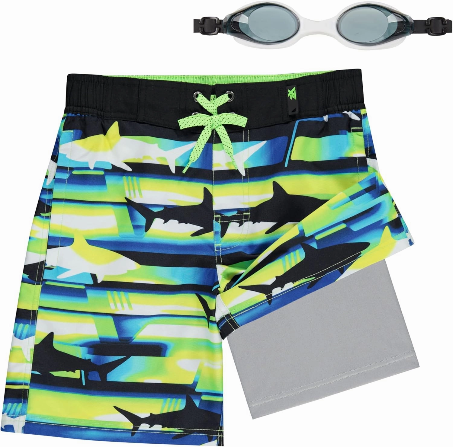 ZeroXposur Boys Swim Trunks with Compression Liner and Goggles, Quick Dry Swim Shorts